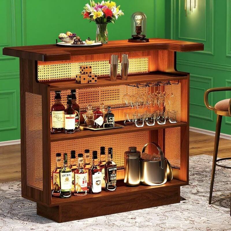 Brown Woven Rattan Bar Cabinet with Wine Rack and Stemware Storage for Home Entertaining - 47.2" W X 21.6" D X 43.3" H