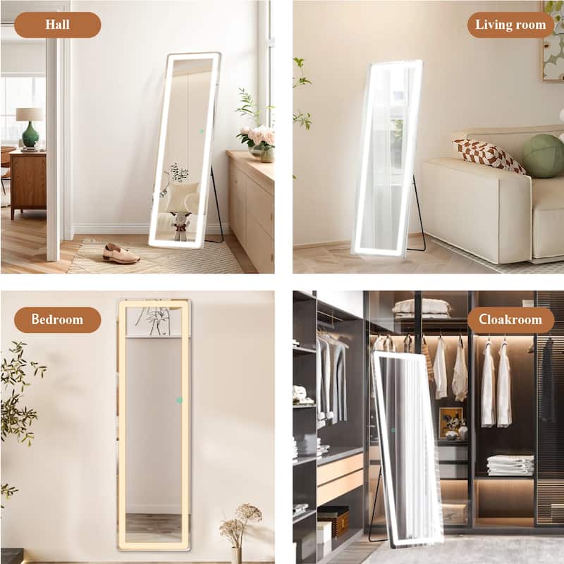 Rectangle Aluminum Alloy Frame Full Length Mirror with Stand & Dimmable 3-Color Lighting for Bedroom Cloakroom