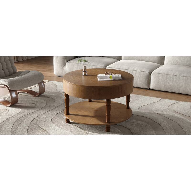 31.5 inch Modern Round Coffee Table Dual Storage Hidden Compartment Black Living Room