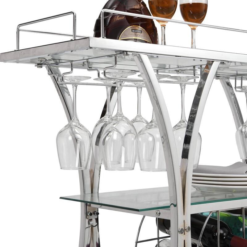 Serving Cart Glass Bar 3-Tier Metal Frame and Shelf
