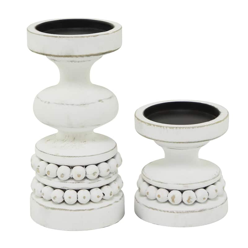 Wood Beaded Pillar Candle Holder - Set of 2 Brown or White - Roche River Decor