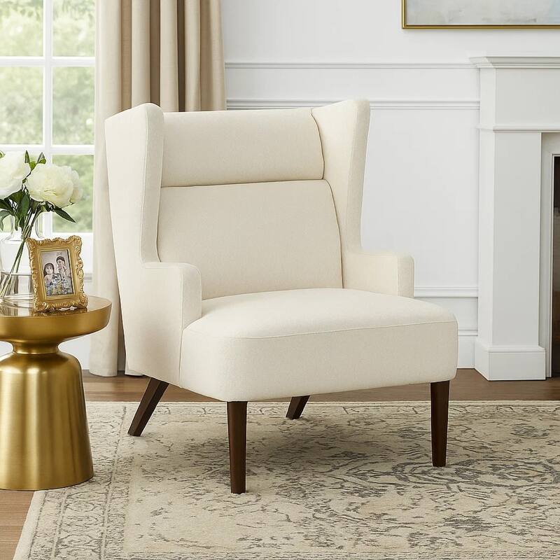 Joen Accent Chair, High Wing Backrest, Beige Chenille, Wood Legs
