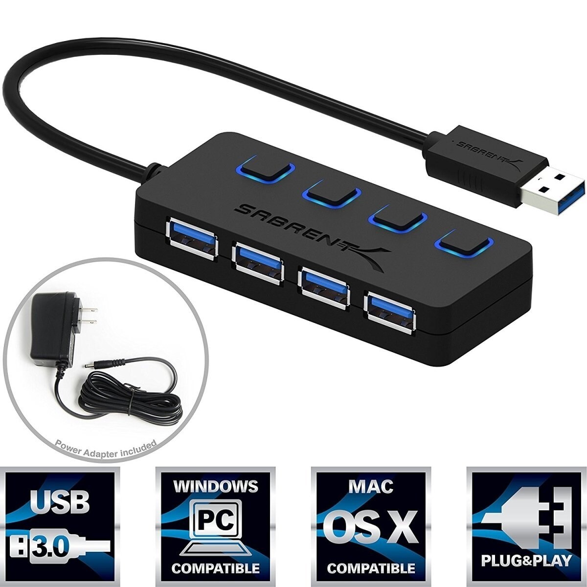 Sabrent Hb-Ump3 4-Port Usb 3.0 Hub With Individual Power Switches And Leds