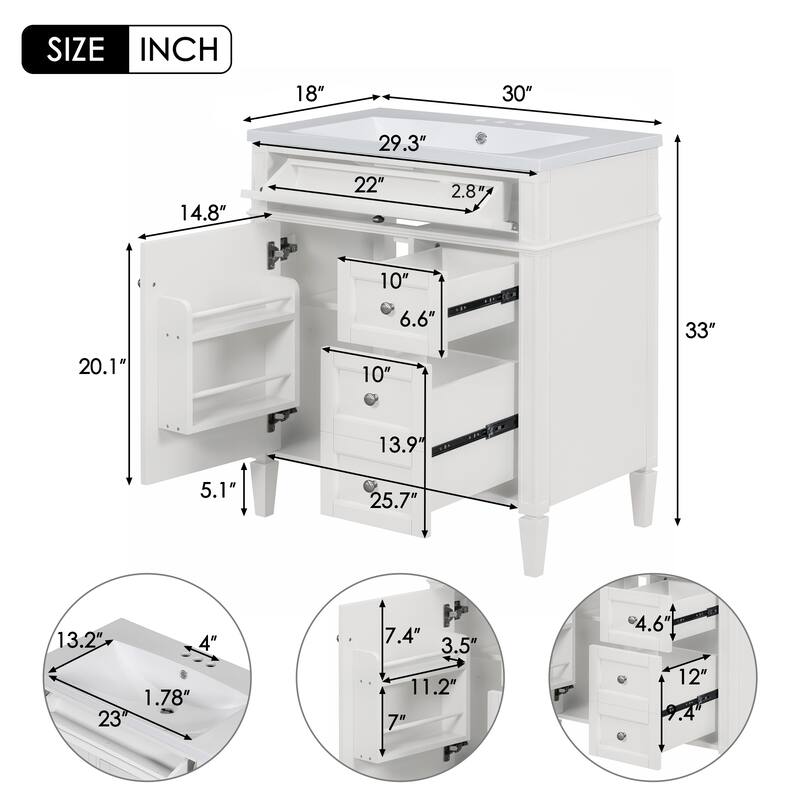 30" Bathroom Vanity with Top Sink, 2 Drawers and a Tip-out Drawer