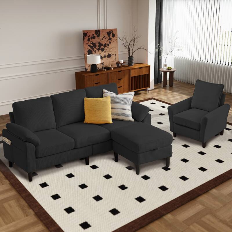 3 Pieces Corduroy Living Room Set with Sectional Sofa, Ottoman and Chair