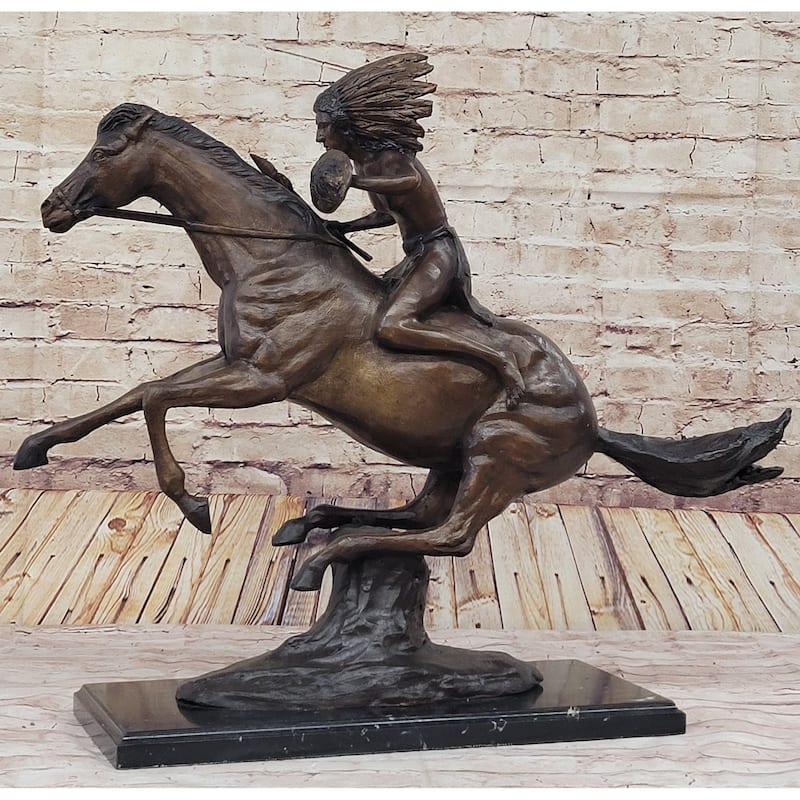 Frederic Remington Warrior Bronze Sculpture Statue Native American Headdress 20 Inches X 25 Inches