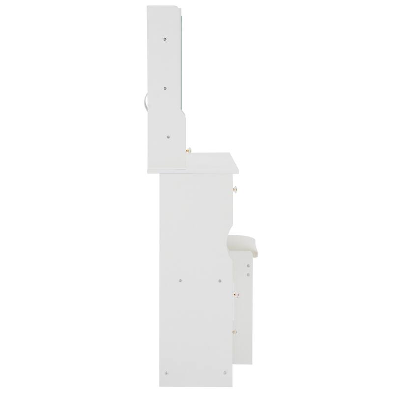 29.2"Small Size Left Drawer Desktop Vanity Table+Cushioned Stool,Hair dryer bracket,Extra Large Touch Control Sliding LED Mirror