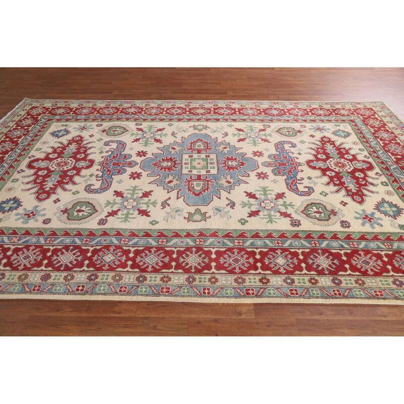 Hand Knotted Oriental 100% Wool Carpet Traditional Geometric Beige & Ivories Kazak Area Rug - 9' 9'' X 6' 7''