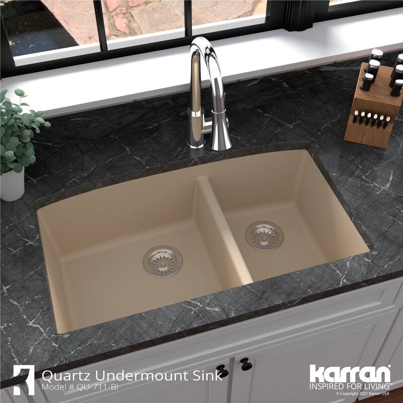 Karran Undermount Quartz 32 in. 60/40 Double Bowl Kitchen Sink Kit