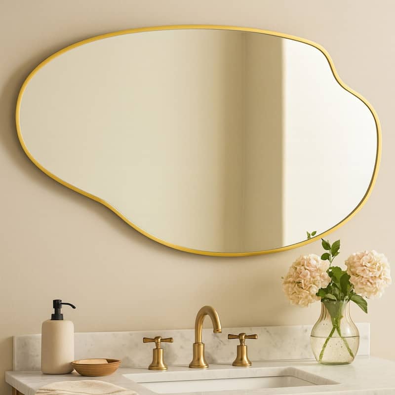 TEHOME Vallia Brushed Gold Asymmetrical Irregular Wall Mirror ,22''x 34'' Unique Brass Frame Wall Mounted Mirror for Bathroom