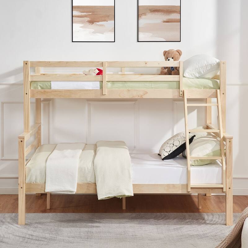 Twin over Full Wooden Bunk Bed,High Guardrail,Ladder,No Box Spring