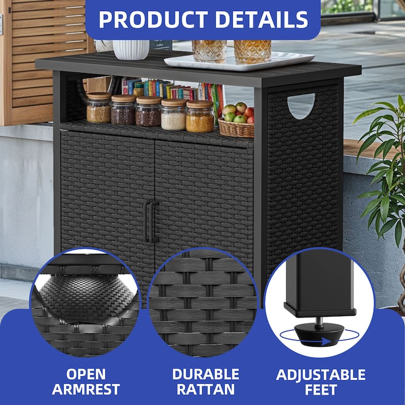 Moasis Outdoor Wicker Bar Table Ratten Storage Cabinet with 2 Doors and Shelves