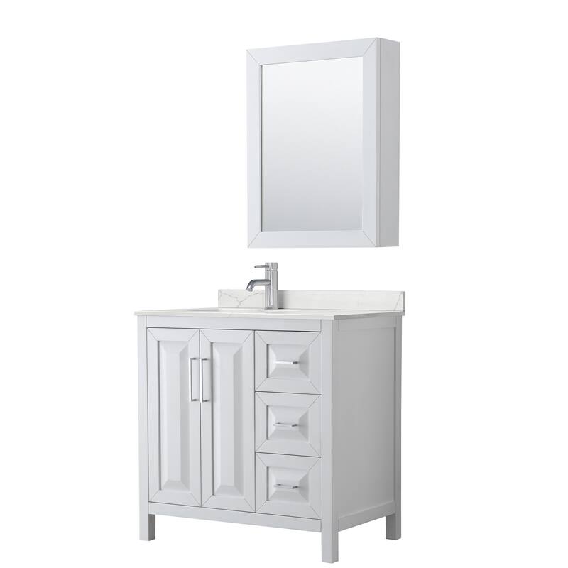 Daria 36-inch Single Vanity, Single Hole Quartz Top, Med Cabinet - White, Chrome Trim, Giotto Quartz Top