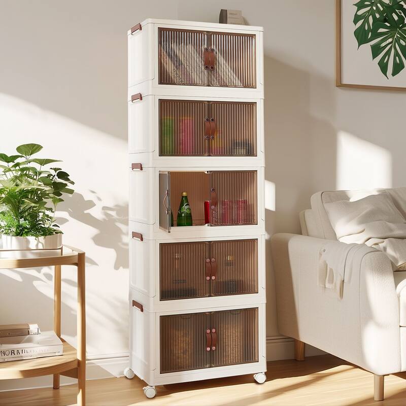 VECELO White PP Plastic Multifunctional Storage Bins with Lid 3/4/5 Tier Stackable Storage Bins with Wheels Magnetic Doors - 5-Tier - White