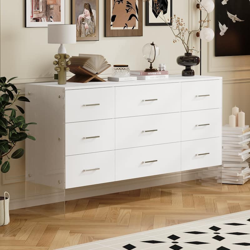 Dresser Chest of 9 Drawers Triple Dresser with Glass Legs White