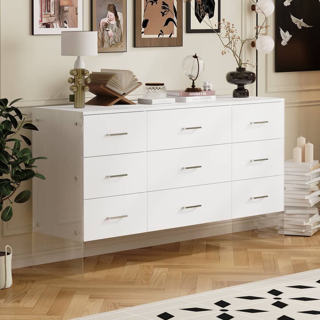 Dresser Chest of 9 Drawers Triple Dresser with Glass Legs White