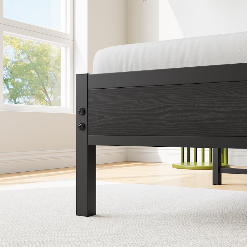 Bed Frame, Storage Headboard with Charging Station, Solid and Stable