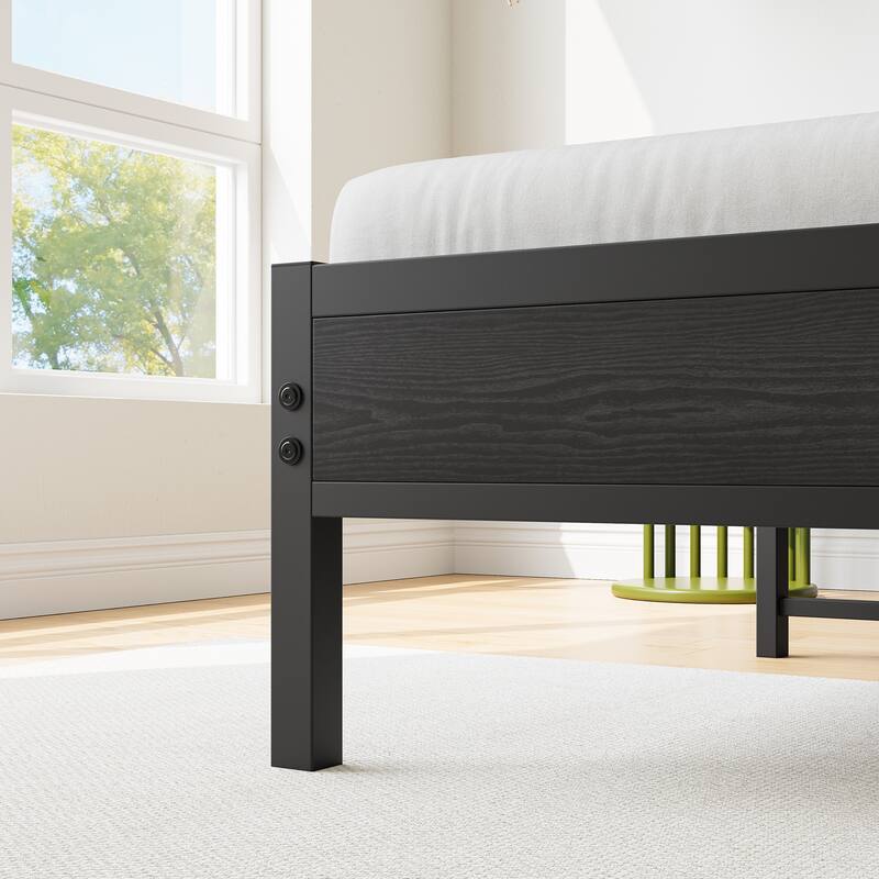 Grey Metal & Wood Twin Platform Bed Frame with Storage Headboard and Charging Station