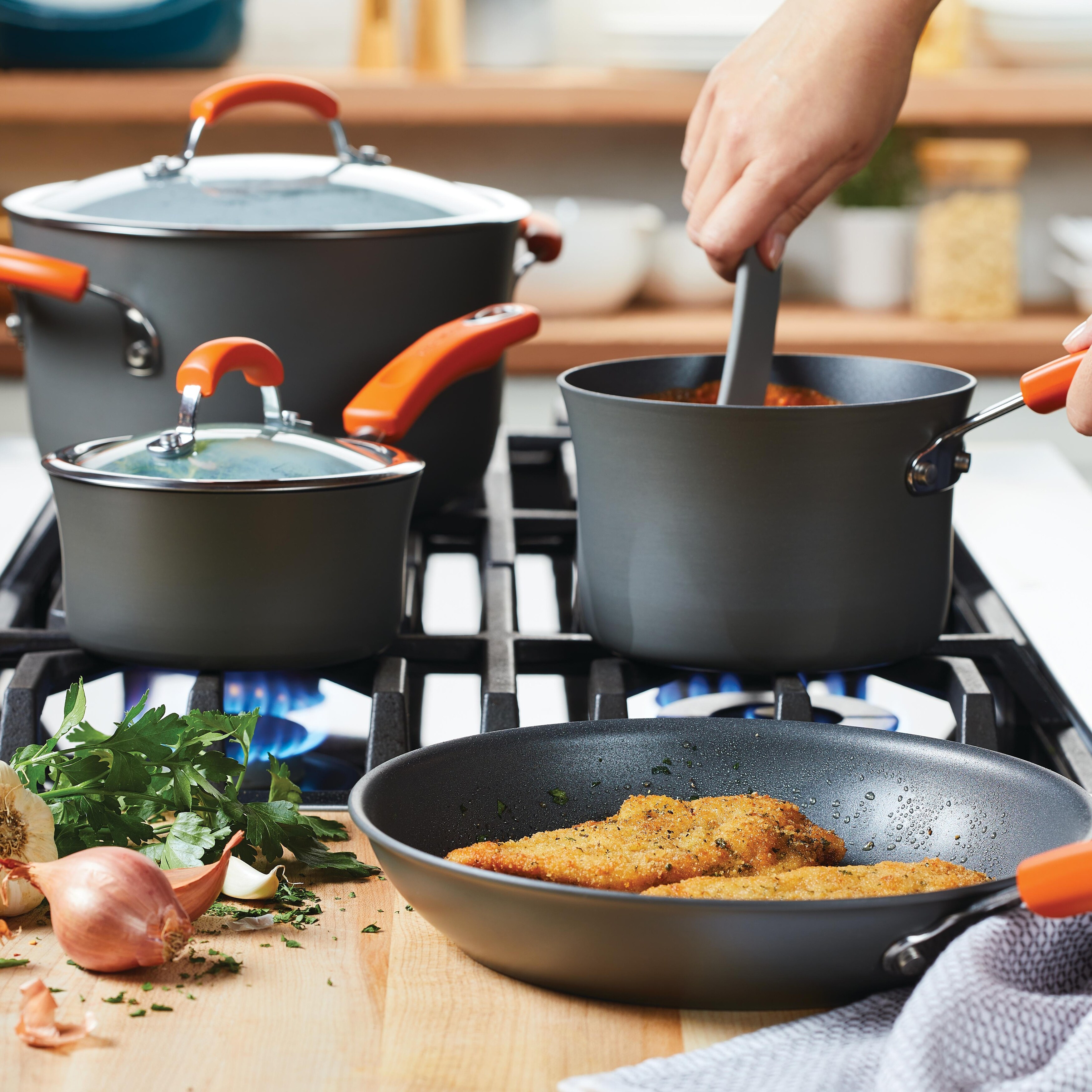 Cookware Set 14-Piece Pots Pans Non-Stick Kitchen Hard Enamel Orange Rachel Ray 
