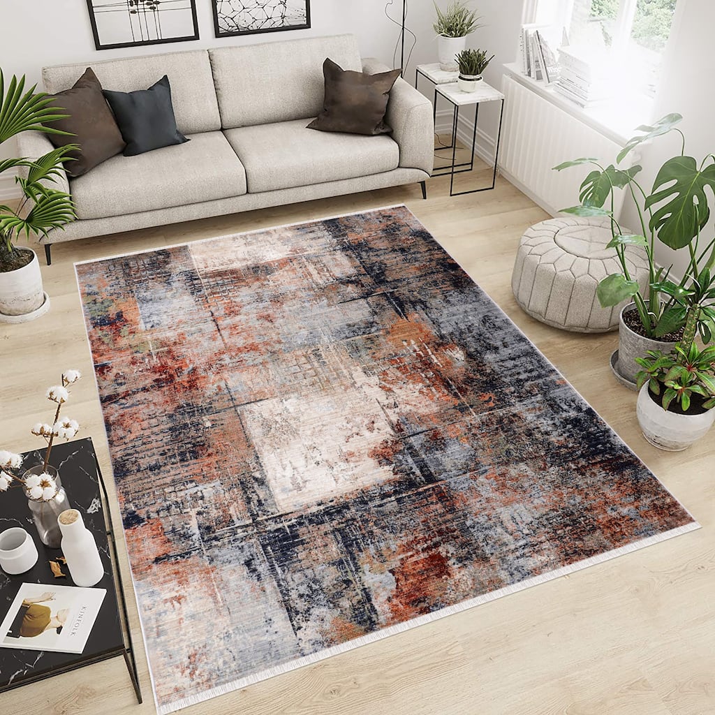 Anna Collection Abstract Area Rug with Fringe
