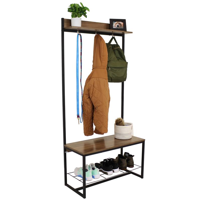 Industrial Style Hall Tree Bench with Coat and Shoe Rack