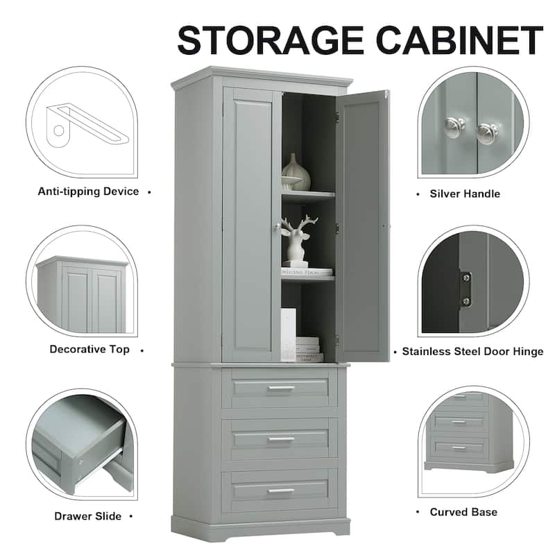 2 Doors Storage Cabinet Grey Narrow Laundry Cabinet with Shelves and 3 Drawers Tall Cabinet for Bathroom, Living Room