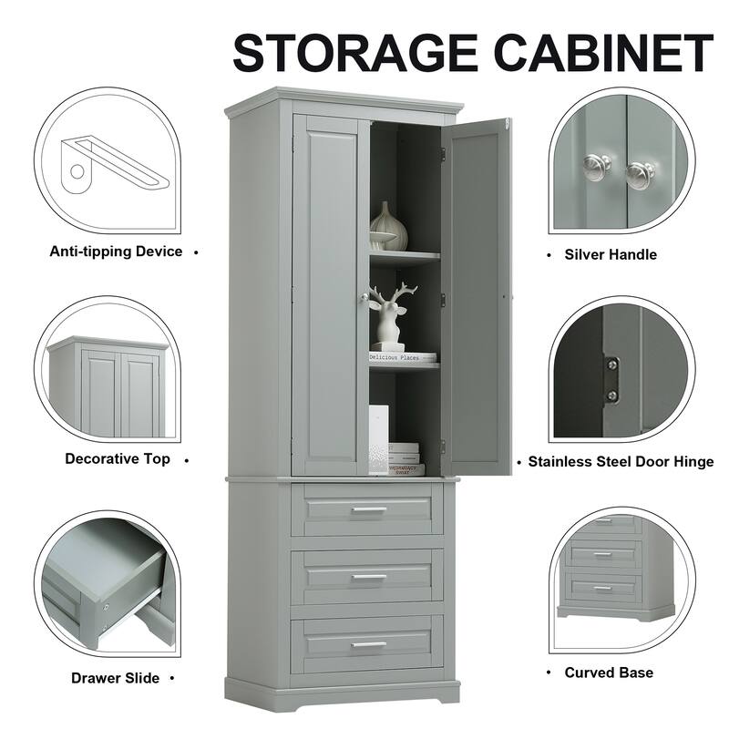 Wide Application Freestanding Storage Cabinet Tall Floor Cabinet with 3 Drawers, Adjustable Shelves and Anti-tipping Device