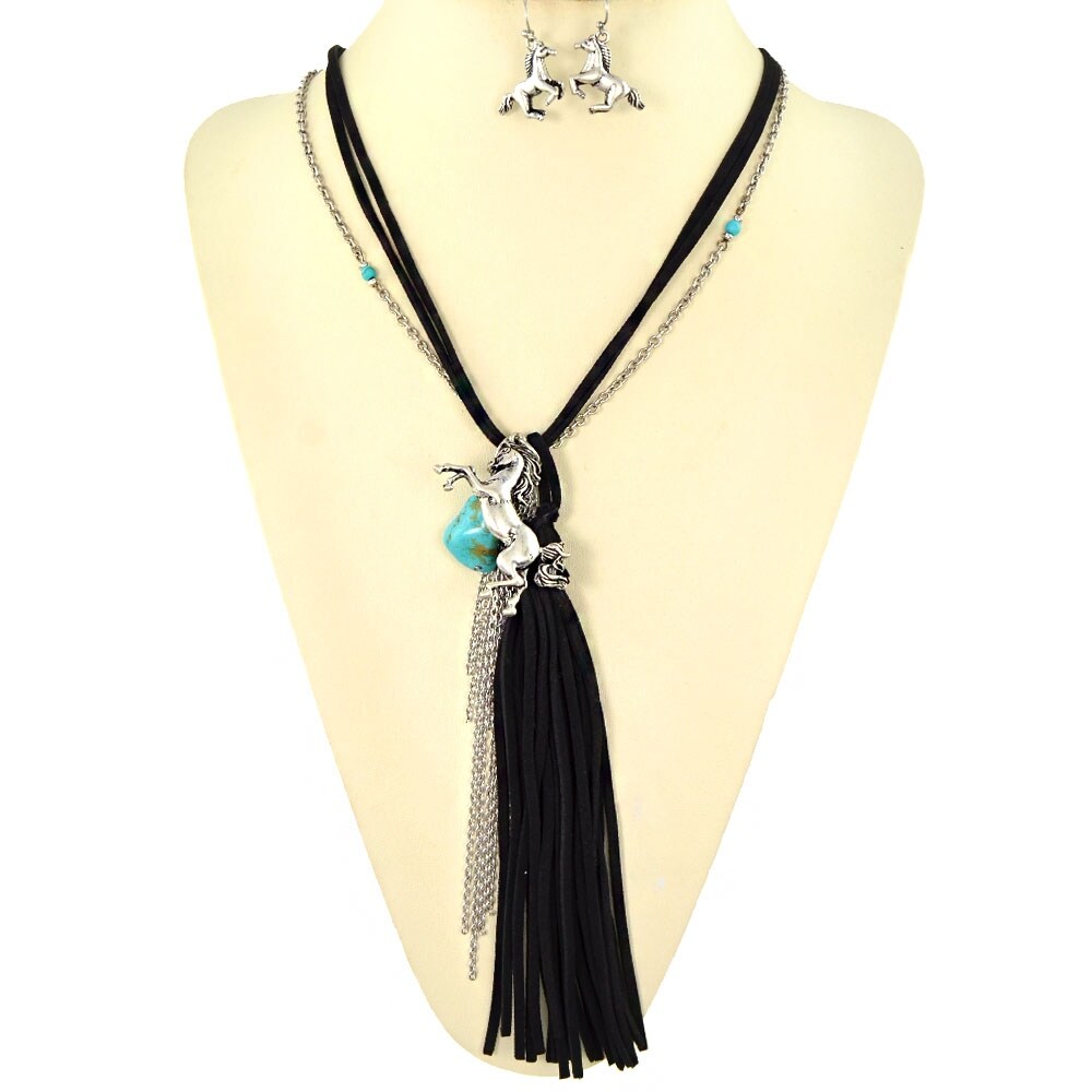 Qne12289 Sbbk Horse Necklace Set With Turquoise Stone And Fringe Black