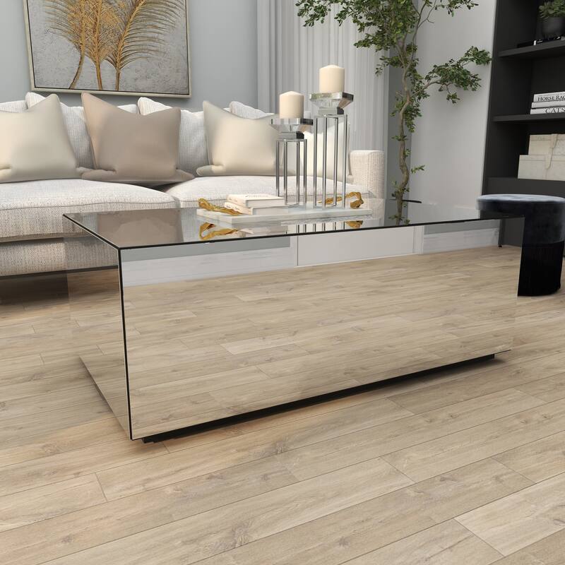 Silver Glass Mirrored Rectangle Living Room Coffee Table with Elevated Base