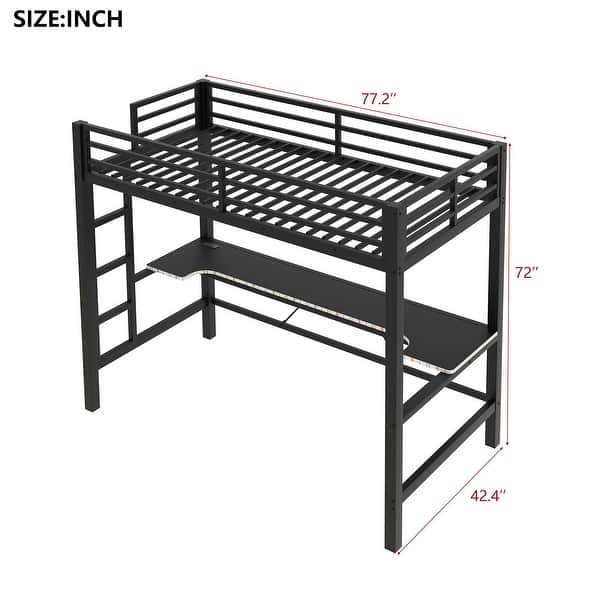 dimension image slide 1 of 4, Gaming Loft Bed with RGB LED Light & USB Charge Station, Metal Loft Bed Frame w/Built-in Desk & Full-Length Guardrails