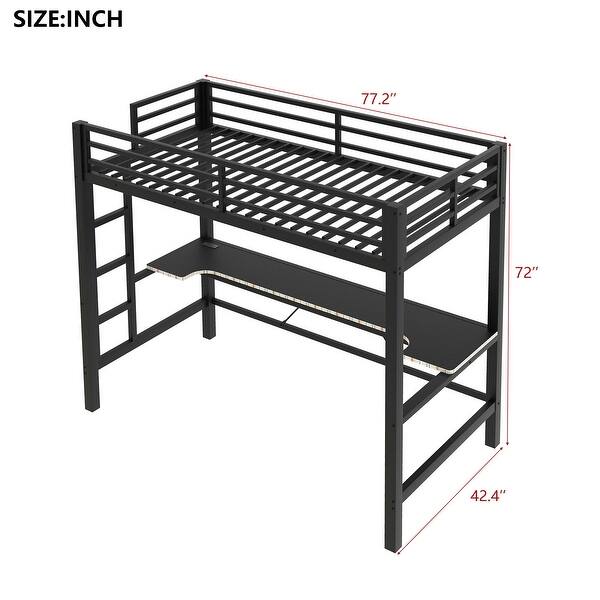 dimension image slide 0 of 2, Twin Size Gaming Metal Loft Bed Frame with LED Light and Desk, 77.2"L x42.4"W x 72"H