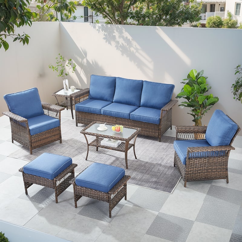 Gymojoy Outdoor Sofa, Club Chairs, Coffee Table and Ottomans Set of 7 - Brown - Blue