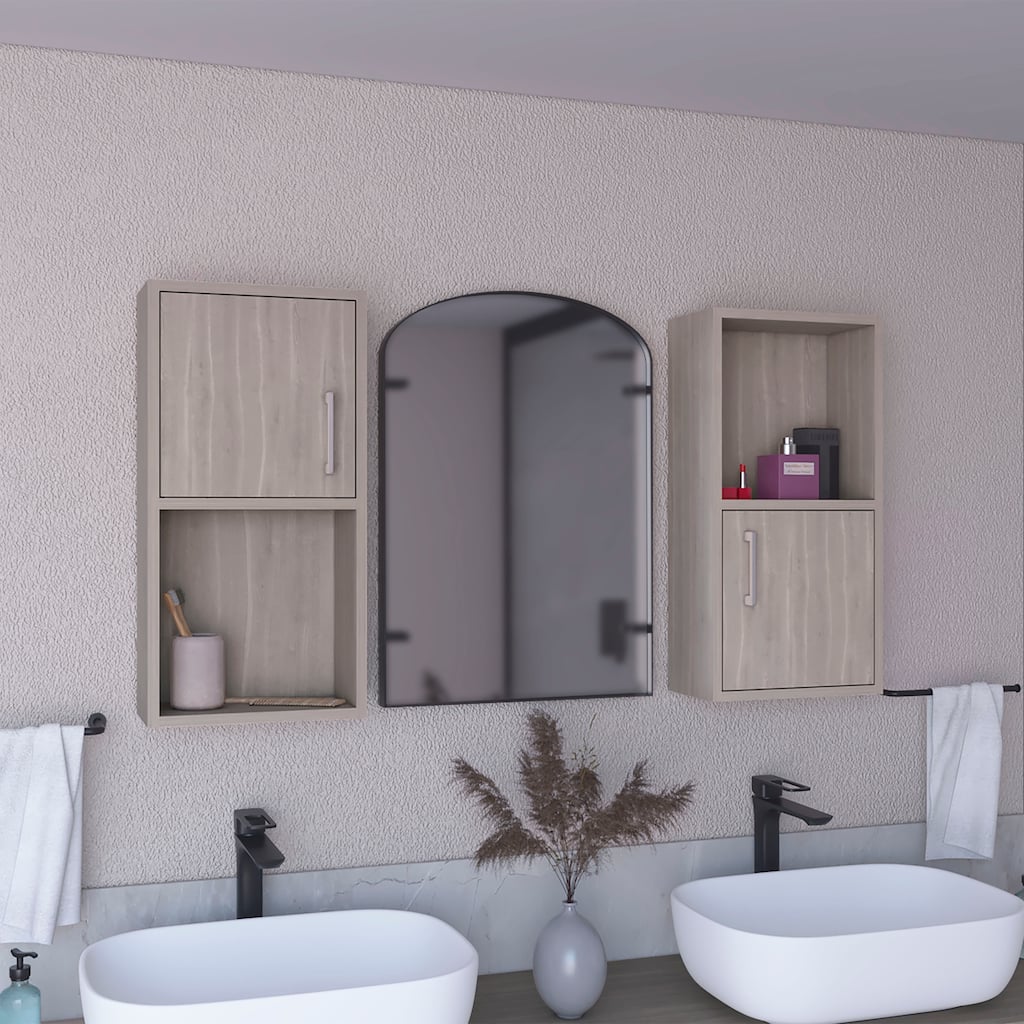 Wall Mounted Bathroom Medicine Cabinet 24" H, Two Doors and Shelves, Oak Finish, Space-Saving Design