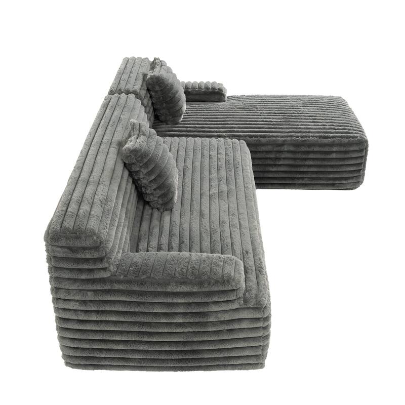 L Shape Modular Sectional Sofa with Chaise, Full-Compressed Boneless Couches, Faux Fur 3 Seat Sofa with 2 Throw Pillows