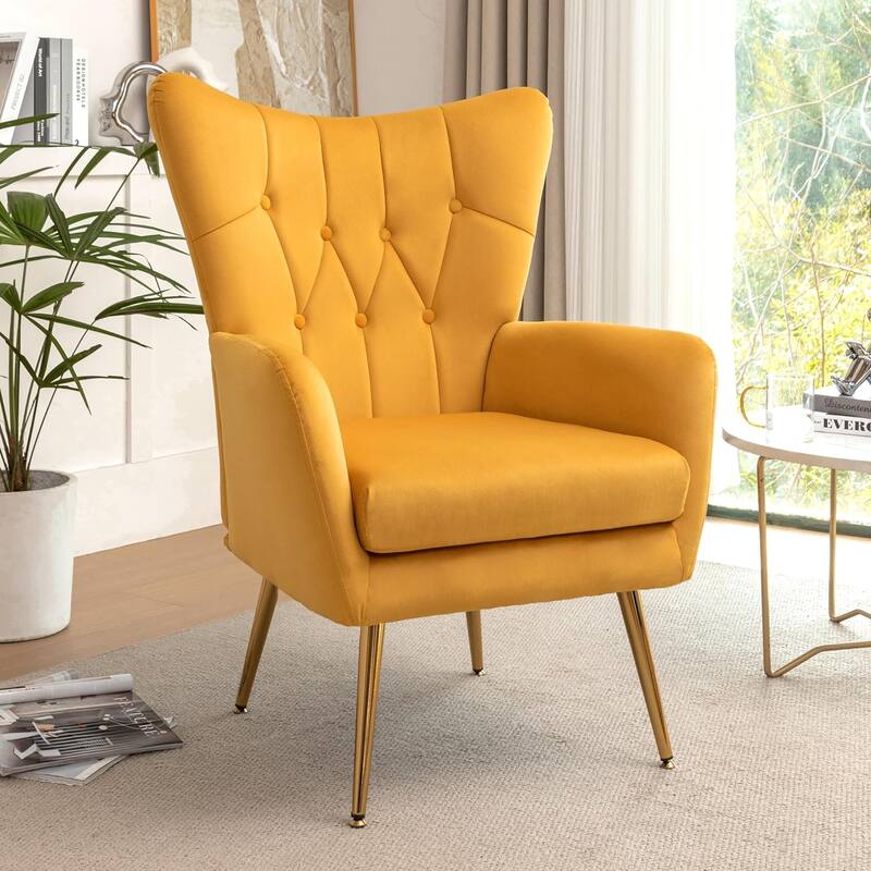 Modern Chic Mid-Century Velvet Accent Armchair Button-Tufted Wingback Design with Gold Flared Legs