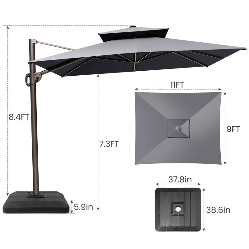 11 x 9 ft Patio Cantilever Offset Umbrella with 360-degree Rotation with Base Stand