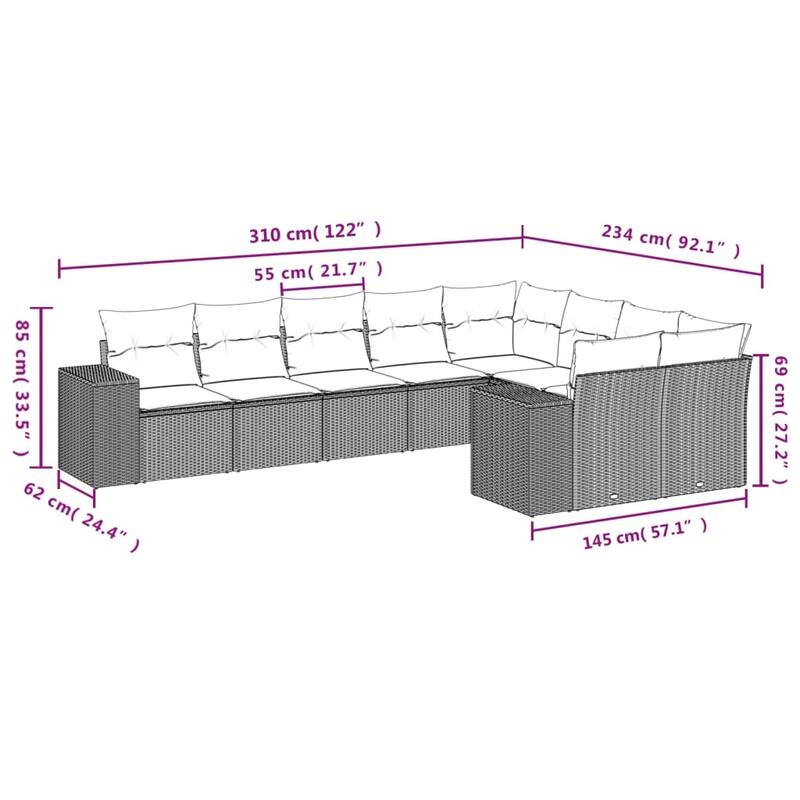 vidaXL 9/10 Piece Patio Sofa Set with Cushions Black/Brown/Gray Poly Rattan - 24.4 x 24.4 x 27.2