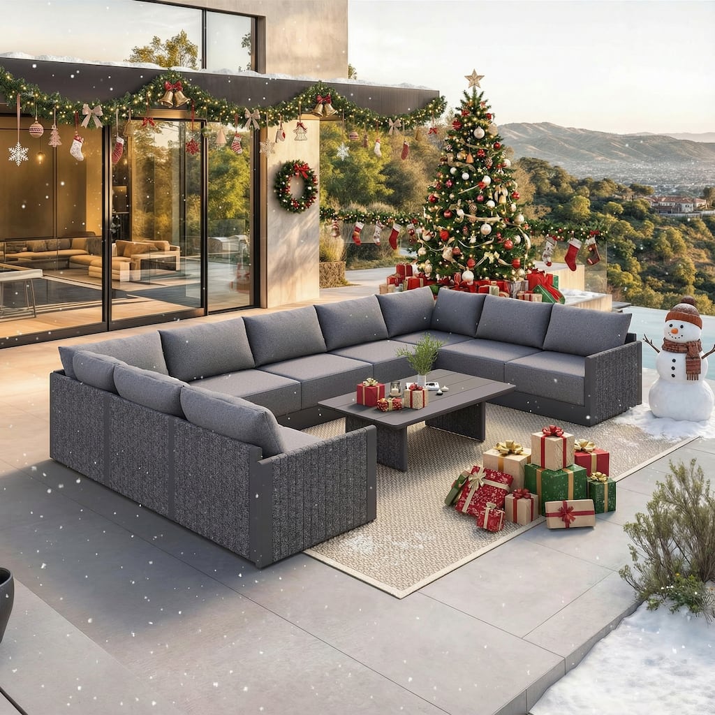 PURPLE LEAF Santorini U-Shaped 8 / 10/ 13 Piece Grey Sofa with Ottoman and Cushion for Garden Outdoor Patio Conversation Set
