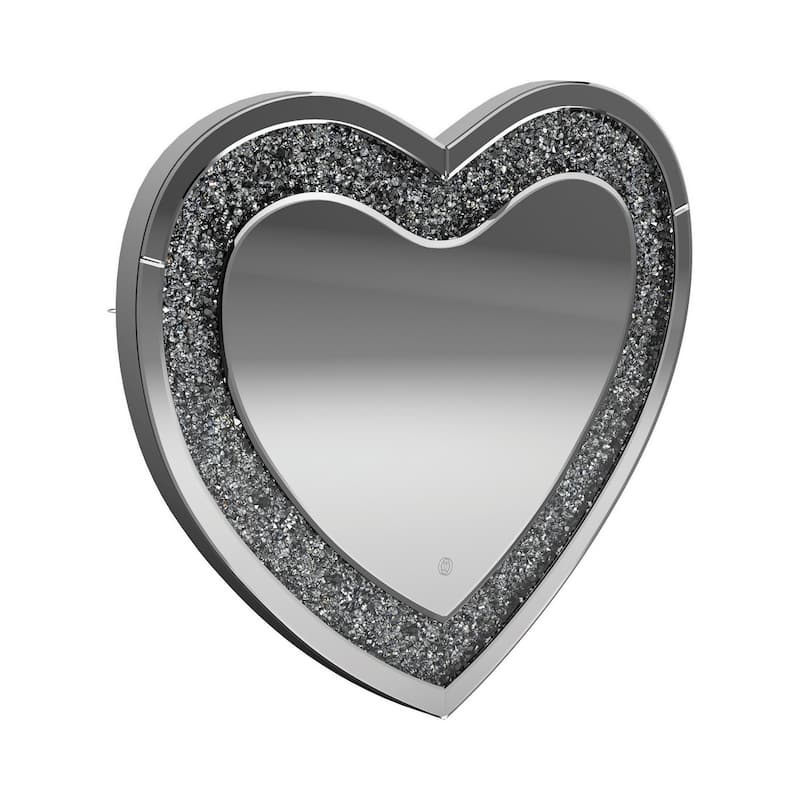 Theo 30 Inch Modern Vanity Wall Mirror, Heart, Crystal Frame, Glass, Silver