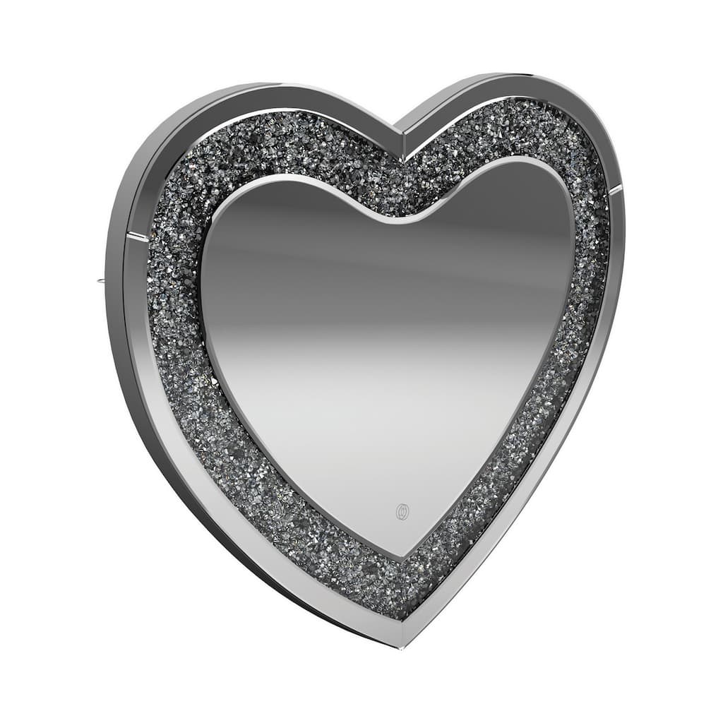 Theo 30 Inch Modern Vanity Wall Mirror, Heart, Crystal Frame, Glass, Silver