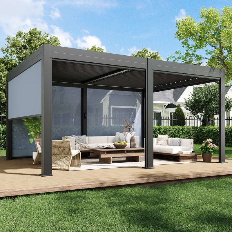 EROMMY Outdoor Louvered Pergola Gazebo with Adjustable Aluminum Rainproof Roof and Pull-Down Screen