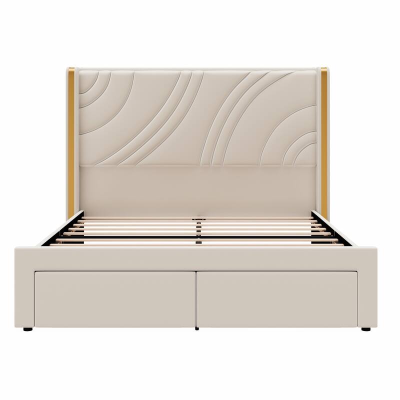 Velvet Upholstered Platform Bed with Smart Ambient Strip Lights Wingback Headboard, and Endbed Pull-out Storage Drawers
