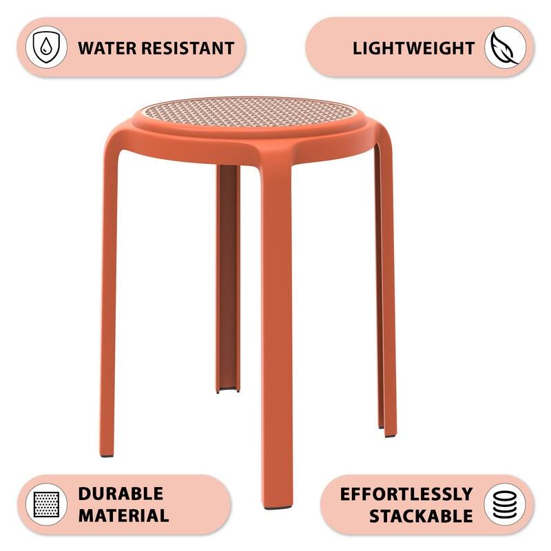 Round Plastic Dining Stool with Wicker Top Tresse Series by LeisureMod - 17.7" H x 13.4" W x 13.4" D