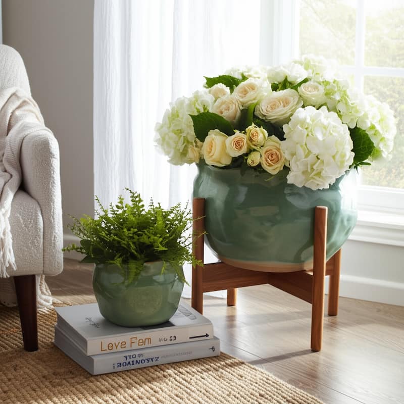 Stoneware Ceramic Round Wavy Edge Planters Decorative Pot (Set of 2) - 12" x 12" x 9"