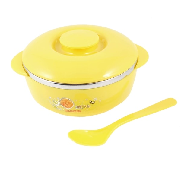 Unique Bargains Yellow Silver Tone 4.9" Dia Flower Print Cereal Breakfast Rice Bowl w Spoon