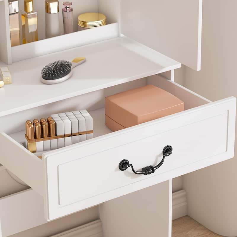Modern Mini Dressing Table with LED-lit Mirror & Hidden Storage,Includes Padded Stool,Multi-tier Dust-proof Shelves