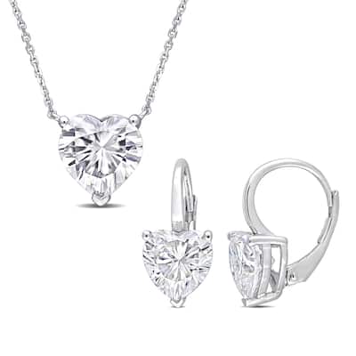 Miadora 7 1/2ct DEW Heart Shape Created Moissanite Solitaire Leverback Earrings & Necklace Set in 14k White Gold