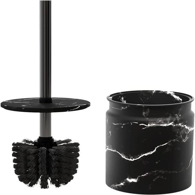 Creative Scents White Marble Toilet Brush and Holder Set Black On