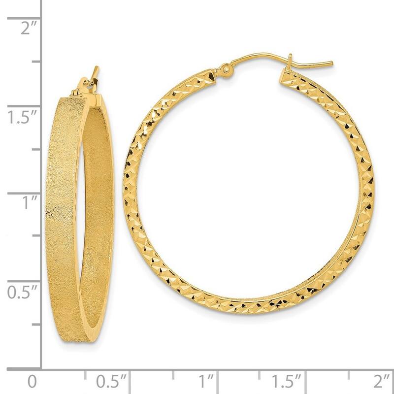 Curata 14k Yellow Gold Satin and Textured Edge Hoop Earrings 35.97x4mm
