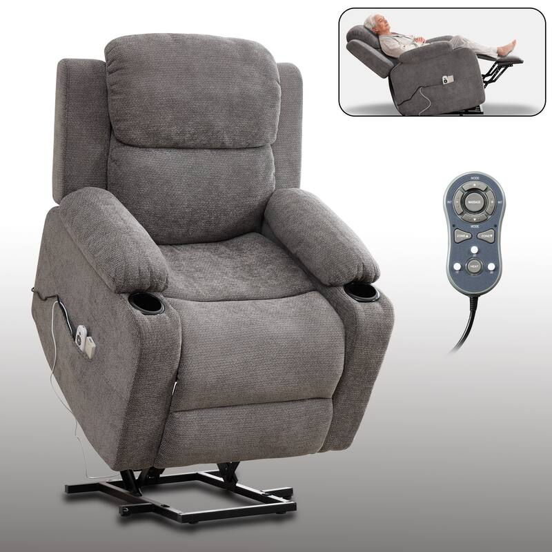 Chenille Power Lift Recliner Chair, Heavy Duty Recliner Chair with Heat & Massage, Lounge Chair with USB Ports & Cup Holders